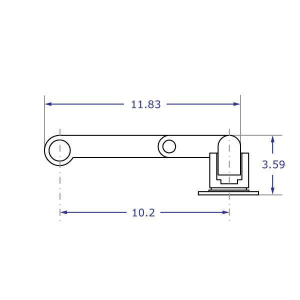 LS9137D monitor arm stand specification drawing top view with arm extended fully and tilter head rotated 90 degrees with measurements