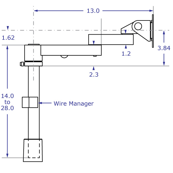 LS9137S monitor arm stand specification drawing side view with arms at highest position with measurements