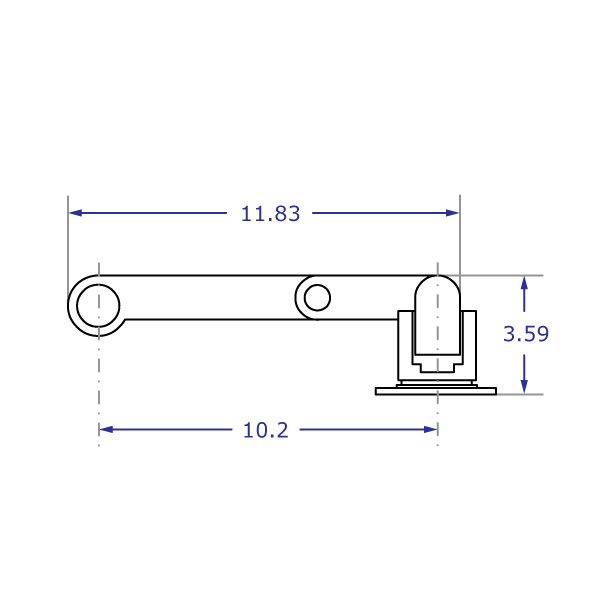 LS9137S monitor arm stand specification drawing top view with arm extended fully and tilter head rotated 90 degrees with measurements