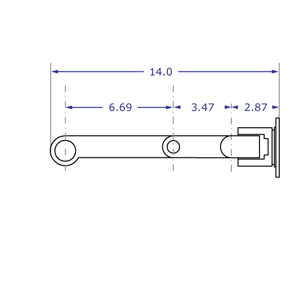 LS9137S monitor arm stand specification drawing top view with arm extended fully with measurements