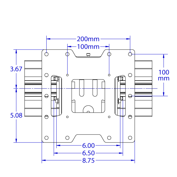 RT-ST632 tilting roller track positioner monitor mount specification drawing front view.