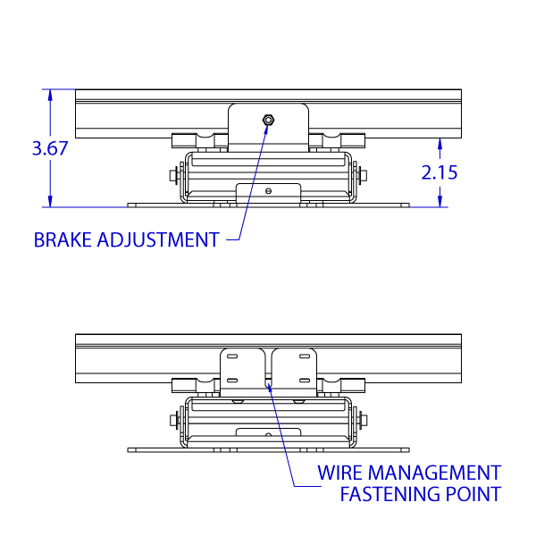 RT-ST632 tilting roller track positioner monitor mount specification drawing depicting the top and bottom views with the brake adjustment screw and the wire management fastening point.