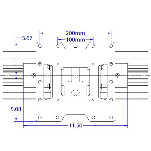 RT-ST632 quick release roller track trolley monitor mount specification drawing front view.
