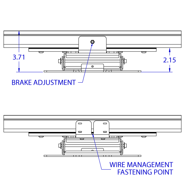 RT-ST632 quick release roller track trolley monitor mount specification drawing depicting the top and bottom views with the brake adjustment screw and the wire management fastening point.