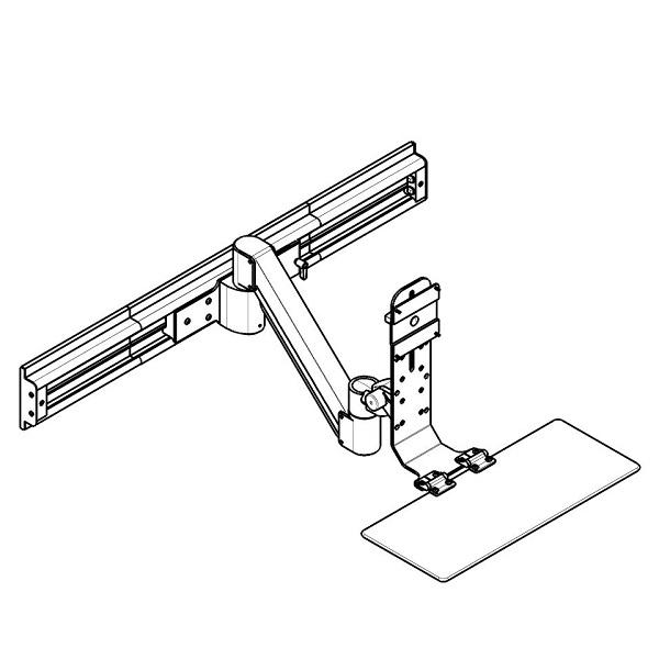 RT-TRS-ARM specification drawing showing an isometric view of the track-mounted monitor and keyboard arm in lowest position.