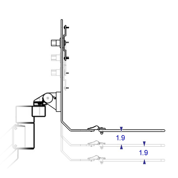 RT-TRS-ARM specification drawing showing the three mounting locations available for the backbar.