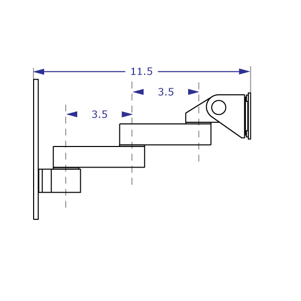 WM9110T monitor wall mount with two 3.5-inch extensions specification drawing side view with measurements