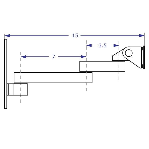 WM9110T monitor wall mount with 7-inch and 3.5-inch extensions specification drawing side view with measurements