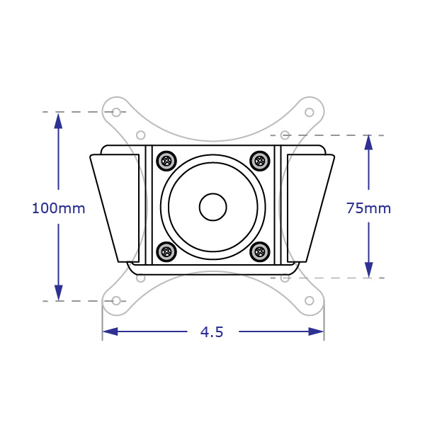 WM9135 rotating monitor wall mount with 75/100mm VESA specification drawing front view with measurements