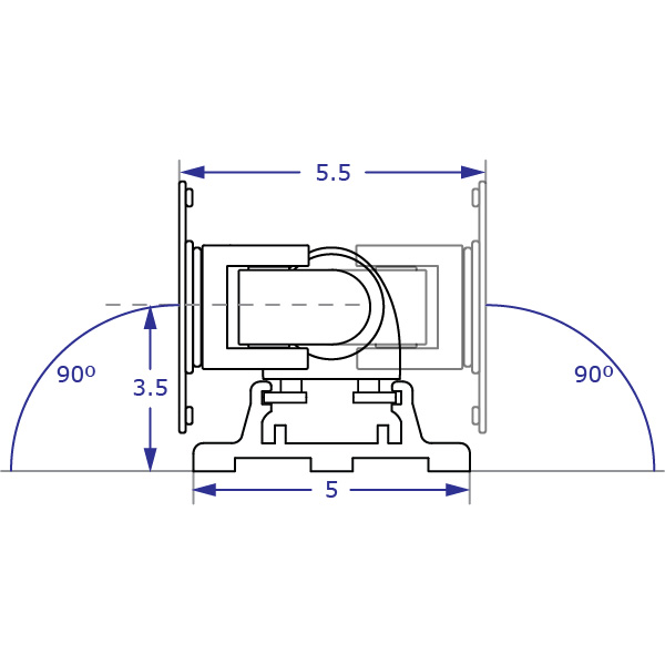 COMBO1 specification drawing of computer wall mount track system depicting monitor tilter left to right swivel capability