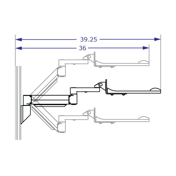 COMBO2 specification drawing of wall mount track system depicting vertical travel and lateral reach of deluxe left right mousing tray arm