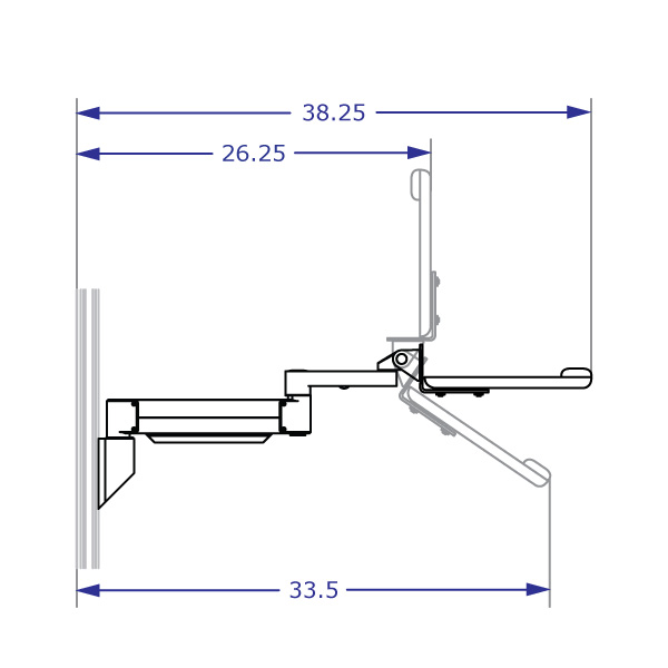COMBO2 specification drawing of wall mount track system depicting an extended soft tray arm tilting range