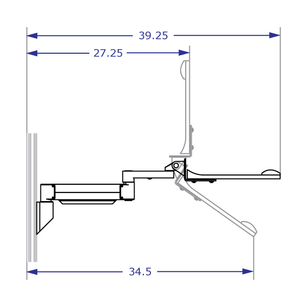 COMBO2 specification drawing of wall mount track system depicting an extended arm supporting a deluxe left right mousing tray tilted and down