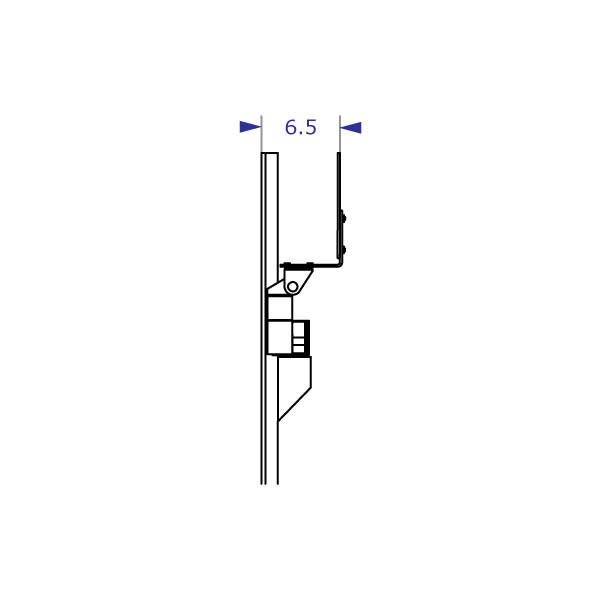 COMBO2 specification drawing of wall mount track system from side view with keyboard tray arm folded back toward wall