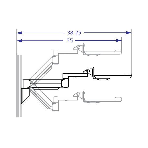 COMBO2 side view specification drawing of wall mount track system depicting an extended soft tray arm