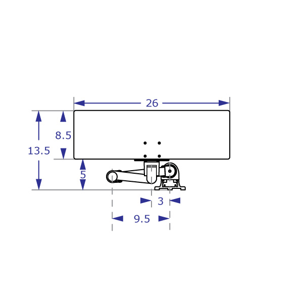 COMBO2 specification drawing of wall mount track system with extended standard tray arm in horizontal position with component measurements