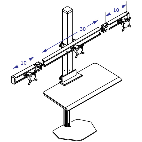 DOR3 triple sit-stand workstation specification drawing showing monitor beam measurements