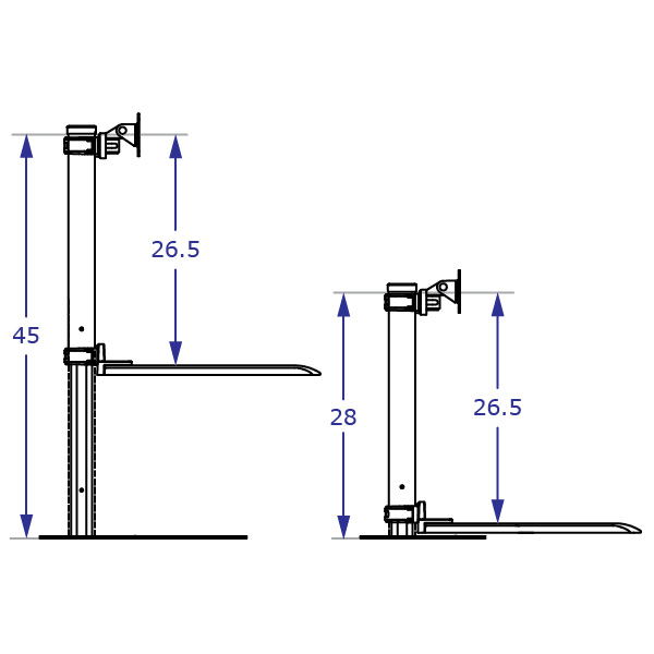 DOR3 triple sit-stand workstation specification drawings side views showing monitor and worksurface at max distance highest and lowest positions with measurements