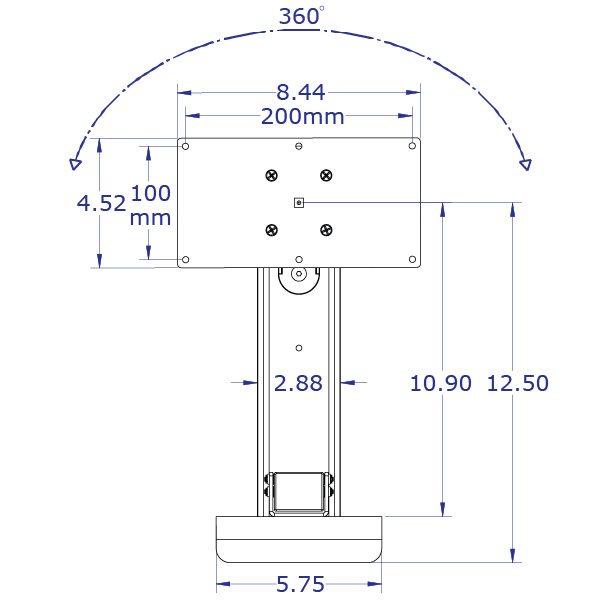 LEVERLIFT-CB wall mounted computer workstation specification drawing articulating monitor mount slider with 100x200mm VESA front view with measurements