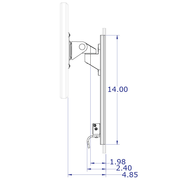 LEVERLIFT-CB wall mounted computer workstation specification drawing articulating monitor mount slider side view with measurements