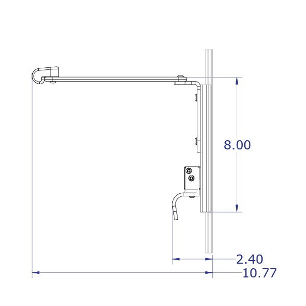 LEVERLIFT-CB sliding monitor and keyboard tray wall mount specification drawing fixed angle keyboard tray slider side view with measurements