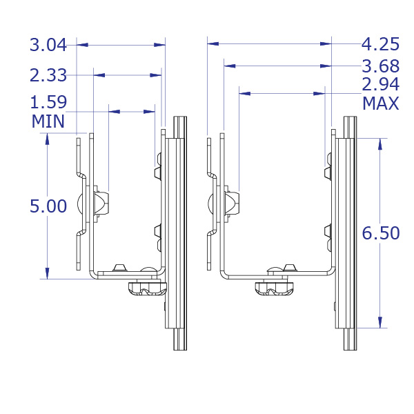 LEVERLIFT-CB wall mounted computer workstation specification drawing large thin client CPU holder with sliding VESA side views with measurements