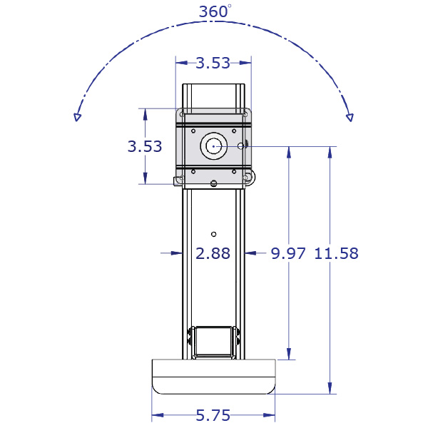 LEVERLIFT-CB sliding monitor and keyboard tray wall mount specification drawing monitor mount slider with 75mm VESA front view with measurements