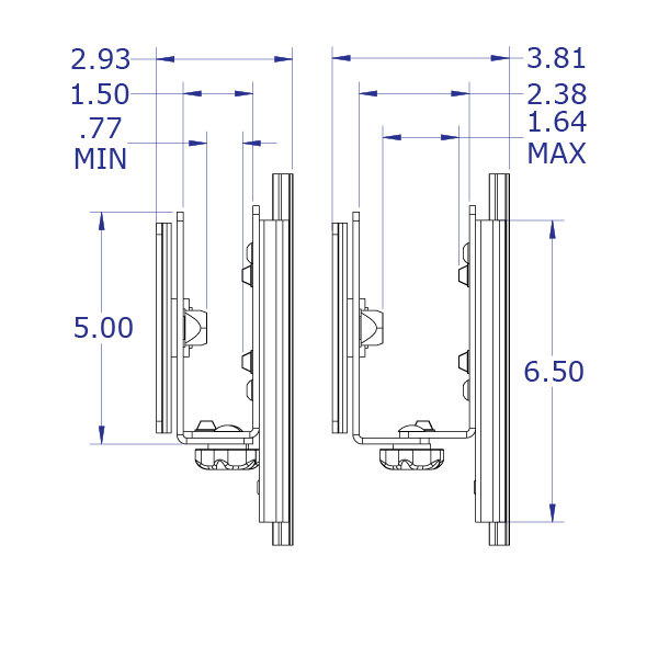 LEVERLIFT-CB wall mounted computer workstation specification drawing thin client CPU holder wtih sliding rotating VESA side views with measurements