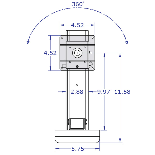 LEVERLIFT-LP wall mounted computer workstation specification drawing monitor mount slider with 100mm VESA front view with measurements