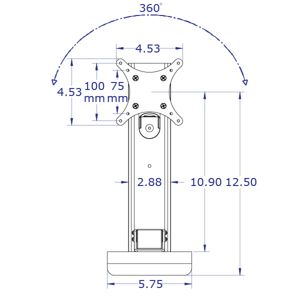 LEVERLIFT-P wall mounted computer workstation specification drawing articulating monitor mount slider with 100mm VESA front view with measurements