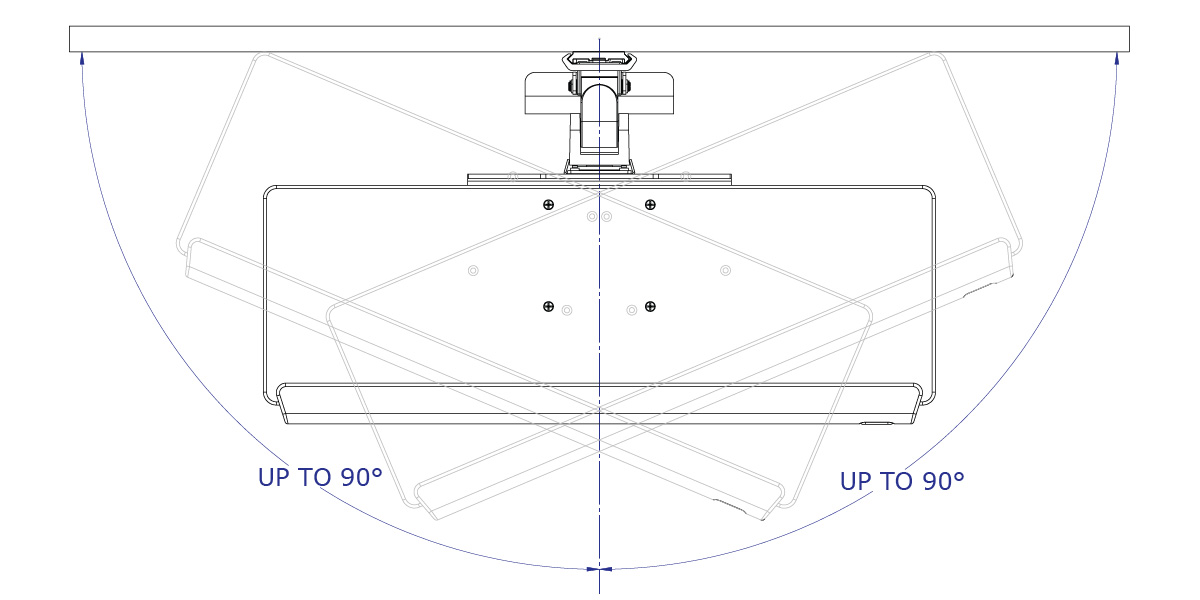 LEVERLIFT-P wall mounted computer workstation specification drawing articulating keyboard tray slider top view demonstrating swivel