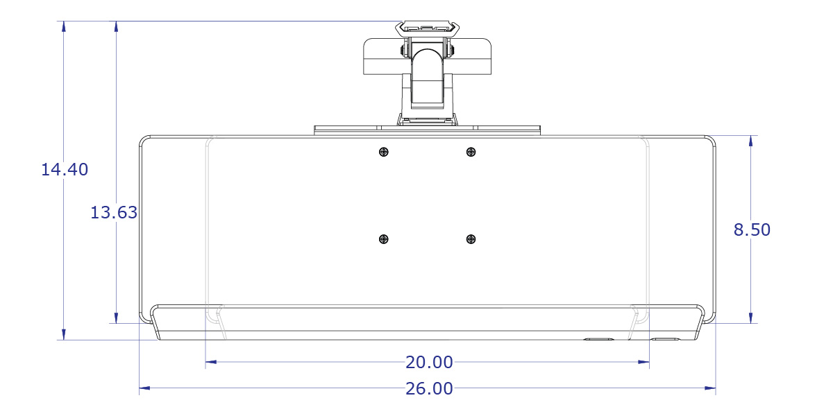 LEVERLIFT-P wall mounted sitting and standing workstation specification drawing articulating keyboard tray slider top view with measurements