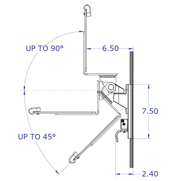 LEVERLIFT-P wall mounted sitting and standing workstation specification drawing articulating keyboard tray slider side view with measurements