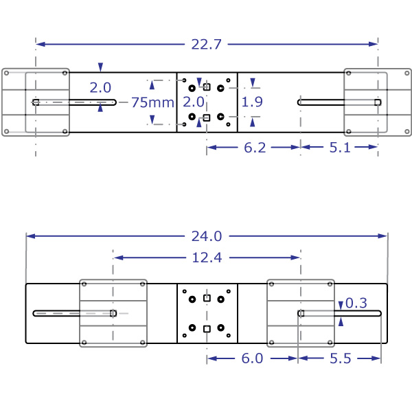 TRP2718D specification drawing front view of the ADJ1523 dual monitor bracket