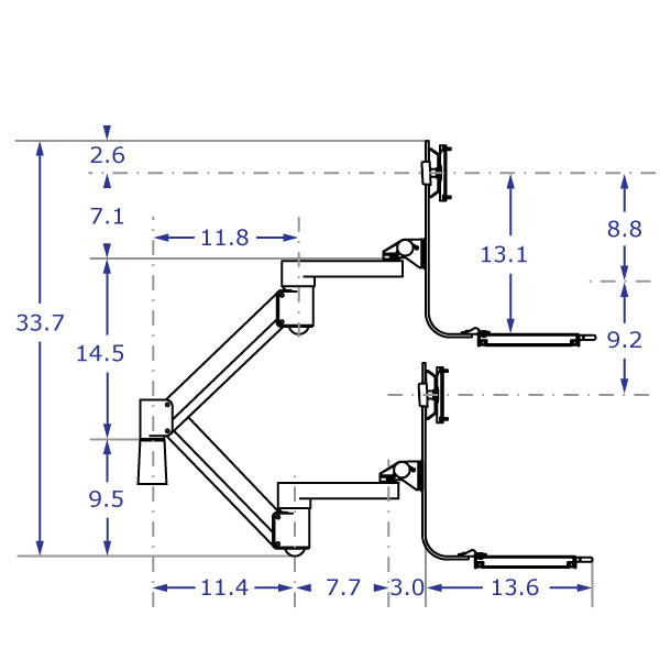 TRP2718D Specification drawing of HD keyboard monitor arm in side view showing highest and lowest positions