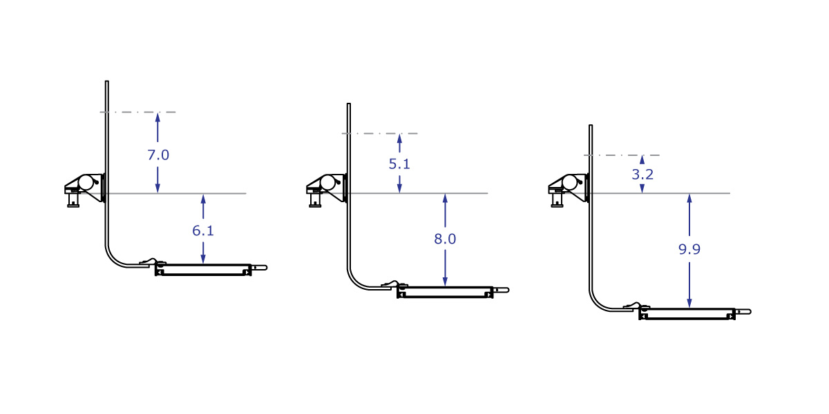 TRP2718S Specification drawing illustrating measurements for different backbar mount locations