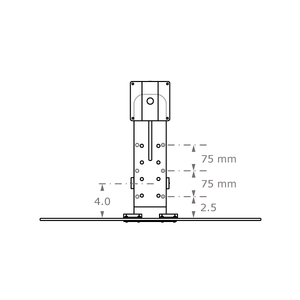 TRS2018 specification drawing showing 75mm attachment mounting positions