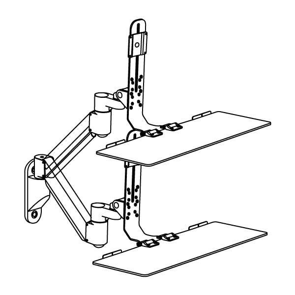 TRS2018 compact monitor arm and keyboard tray mount specification drawing wall-mounted isometric view showing highest and lowest positions