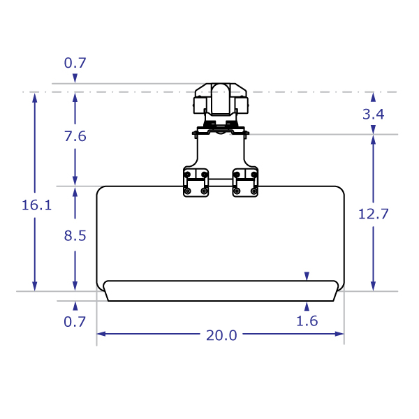 TRS2018 specification drawing of keyboard monitor arm top view with 20-inch keyboard tray
