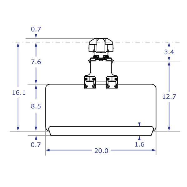 TRS2718 specification drawing of keyboard monitor arm top view with 20-inch keyboard tray