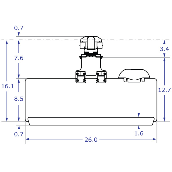 TRS2718 specification drawing of keyboard monitor arm top view with 26-inch keyboard tray