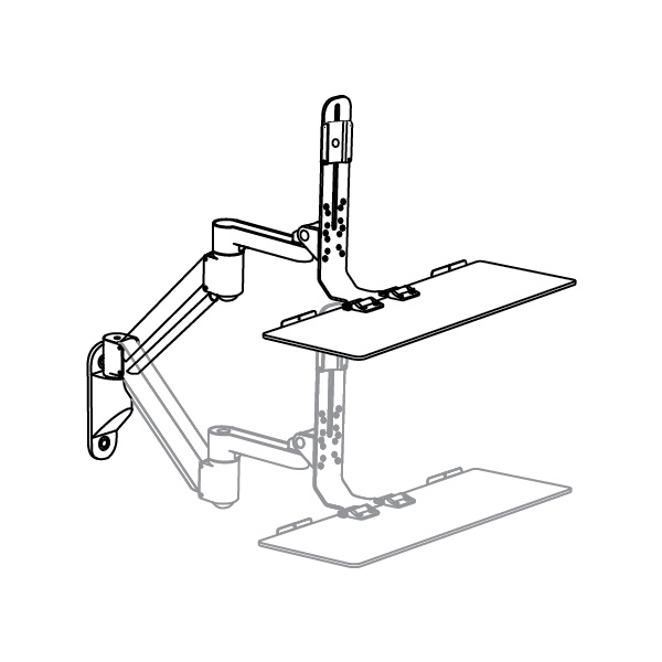TRS2718 Specification drawing of HD keyboard monitor arm on wall extending in high and low positions.