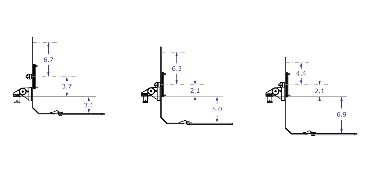 TRS413 Specification drawing illustrating measurements for different backbar mount locations