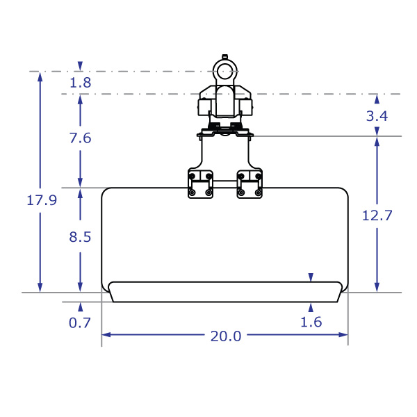TRS413 specification drawing of keyboard monitor stand top view with 20-inch keyboard tray