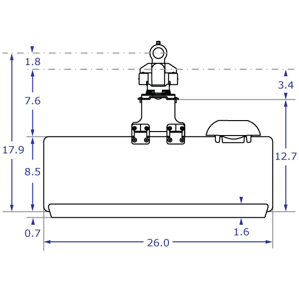 TRS413 specification drawing of keyboard monitor arm top view with 26-inch keyboard tray