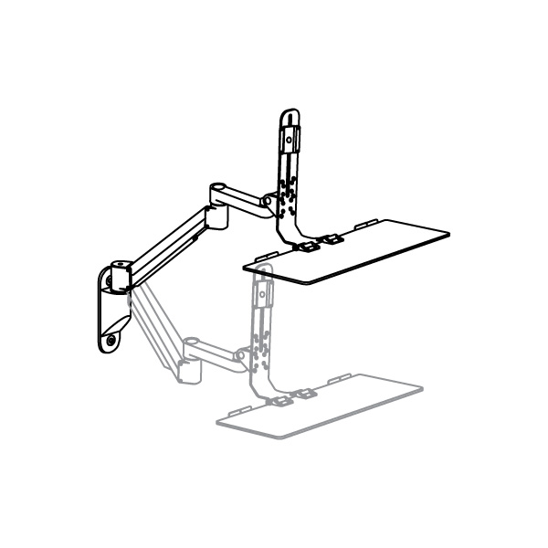 TRS7000 Specification drawing of HD keyboard monitor arm on wall extending in high and low positions.