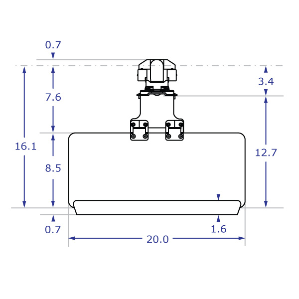 TRS7000 specification drawing of keyboard monitor arm top view with 20-inch keyboard tray