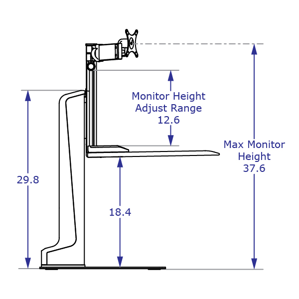 WINSTON-E3 triple sit-stand workstation with standard worksurface specification drawing side view at highest position with measurements