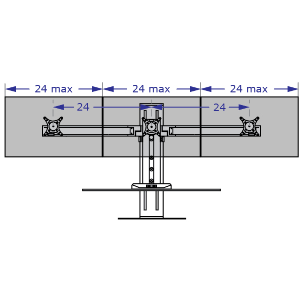 WINSTON-E3 triple sit-stand workstation with standard worksurface specification drawing front view demonstrating monitor size restriction when ina flat configuration