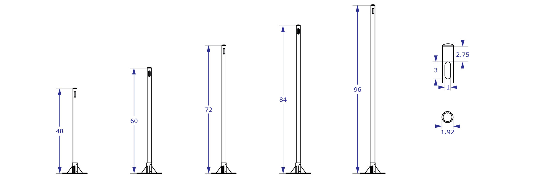 TRIPLE-192 pole floor stand specification drawings showing five available pole lengths
